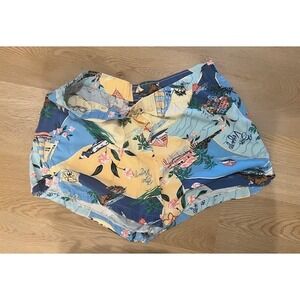 Old Navy Womens XL Bon Voyage Scenic Print Shorts Blue Yellow Sailboat Nautical